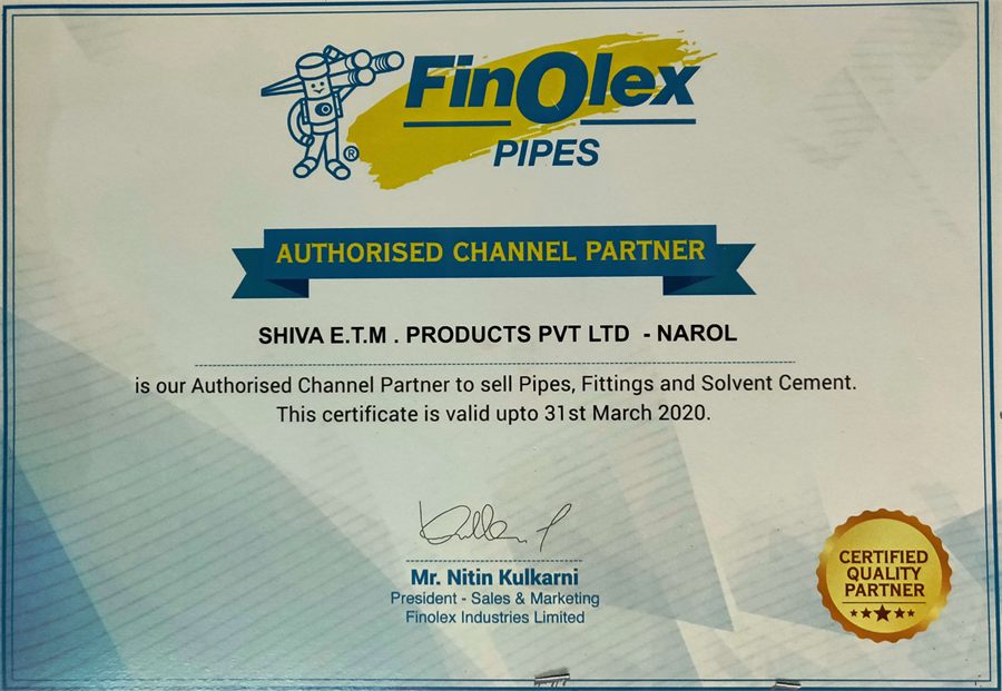 Finolex Pipes and Fittings channel partner certificate